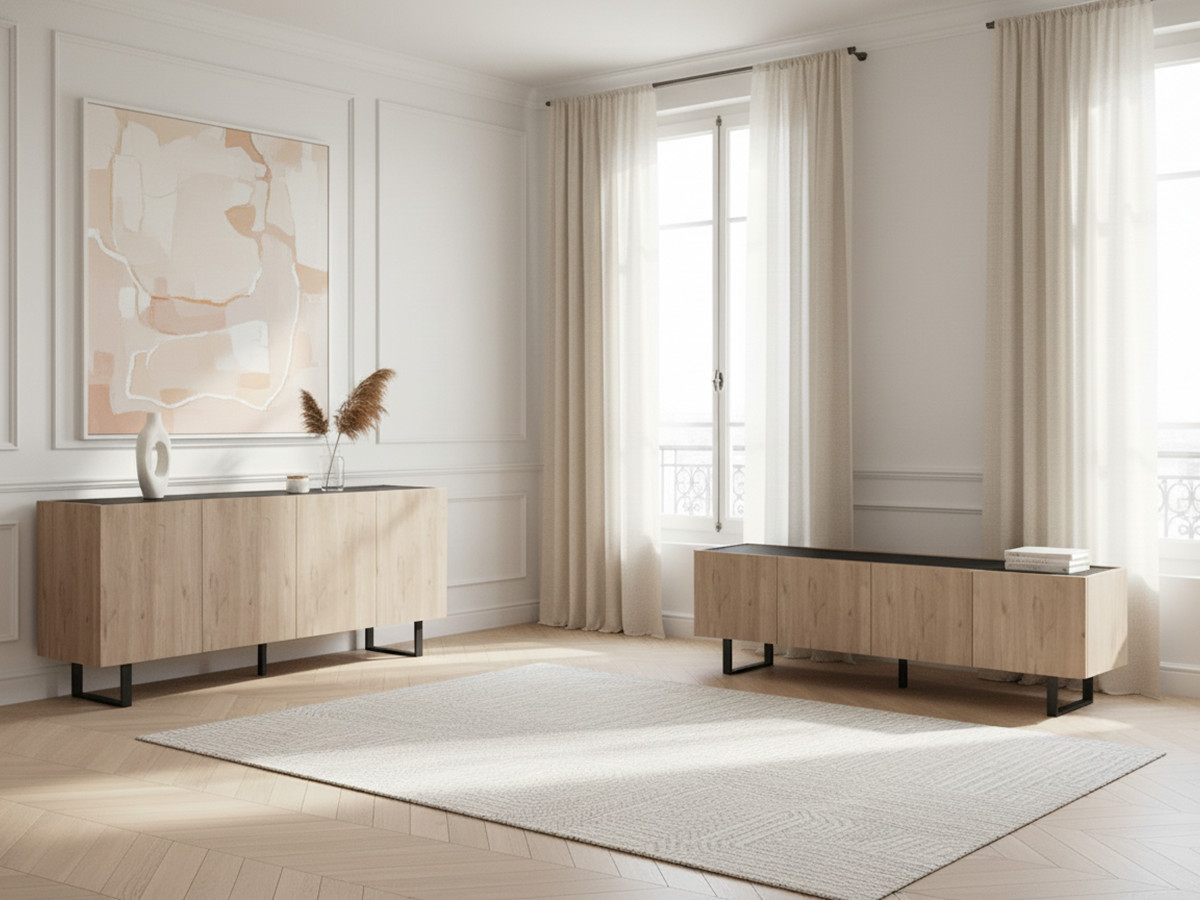 OPERA set met 180 cm dressoir + 180 cm tv-meubel in eikenlook en zwart marmerlook