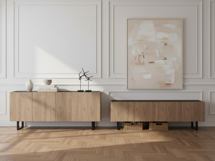 Ensemble OPERA avec buffet 180 cm + meuble TV 180 cm effet chêne et imitation marbre noir