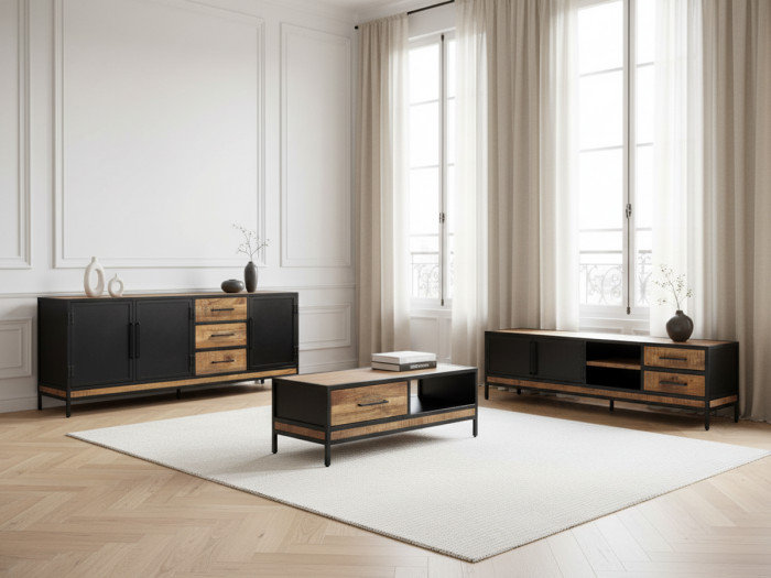 Séjour complet BEAUBOURG avec Buffet 200 cm + Meuble TV + Table basse Bois massif de manguier