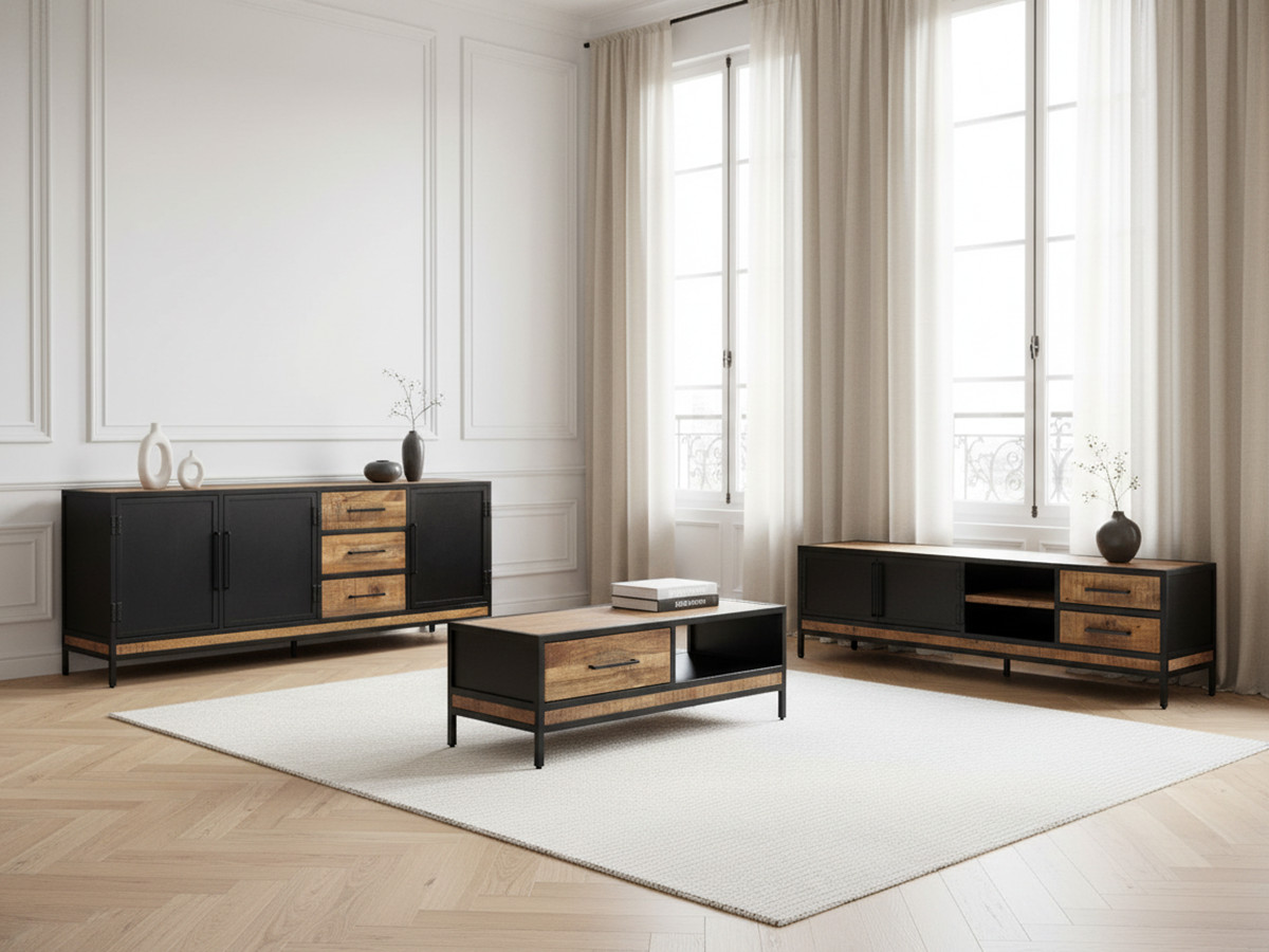 Séjour complet BEAUBOURG avec Buffet 200 cm + Meuble TV + Table basse Bois de manguier