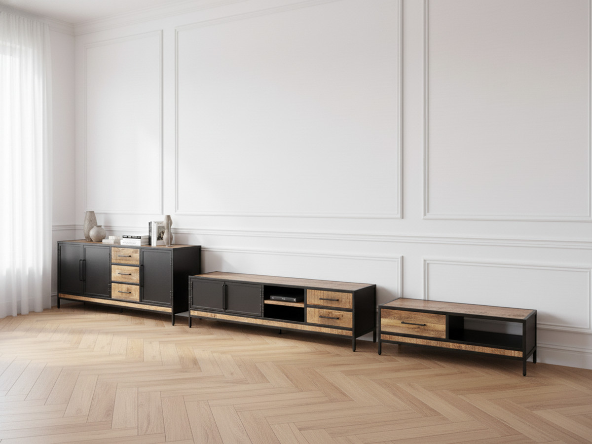 BEAUBOURG complete woonkamer met 200 cm dressoir + tv-meubel + salontafel Massief mangohout