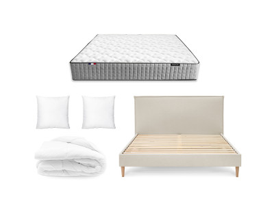 Lit SARY en 140 x 190 cm, matelas APOLLINE, couette chaude en 220 x 240 cm et deux oreillers RE-DREAM en 60 x 60 cm