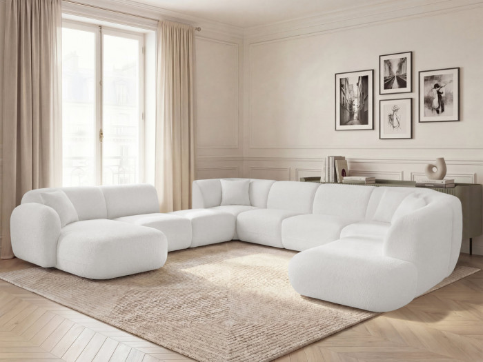 Canapé panoramique fixe modulable ANDA avec 3 chauffeuses, 1 méridienne, 2 angles et 1 pouf