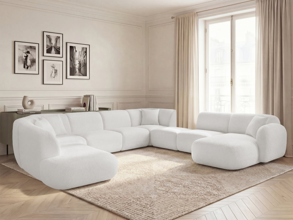 Canapé panoramique fixe modulable ANDA avec 3 chauffeuses, 1 méridienne, 2 angles et 1 pouf blanc  angle droit BOBOCHIC 10 places