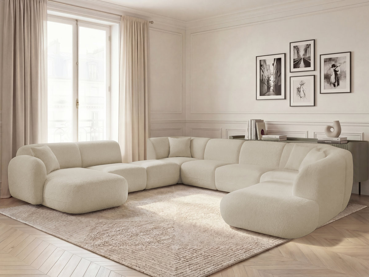 Canapé panoramique fixe modulable ANDA avec 3 chauffeuses, 1 méridienne, 2 angles et 1 pouf Canapé panoramique fixe modulable ANDA avec 3 chauffeuses, 1 méridienne, 2 angles et 1 pouf