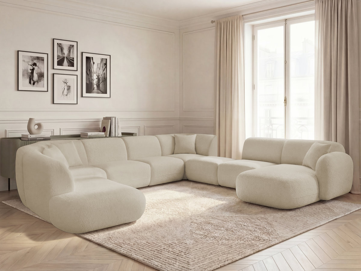 Canapé panoramique fixe modulable ANDA avec 3 chauffeuses, 1 méridienne, 2 angles et 1 pouf beige  angle droit BOBOCHIC 10 places