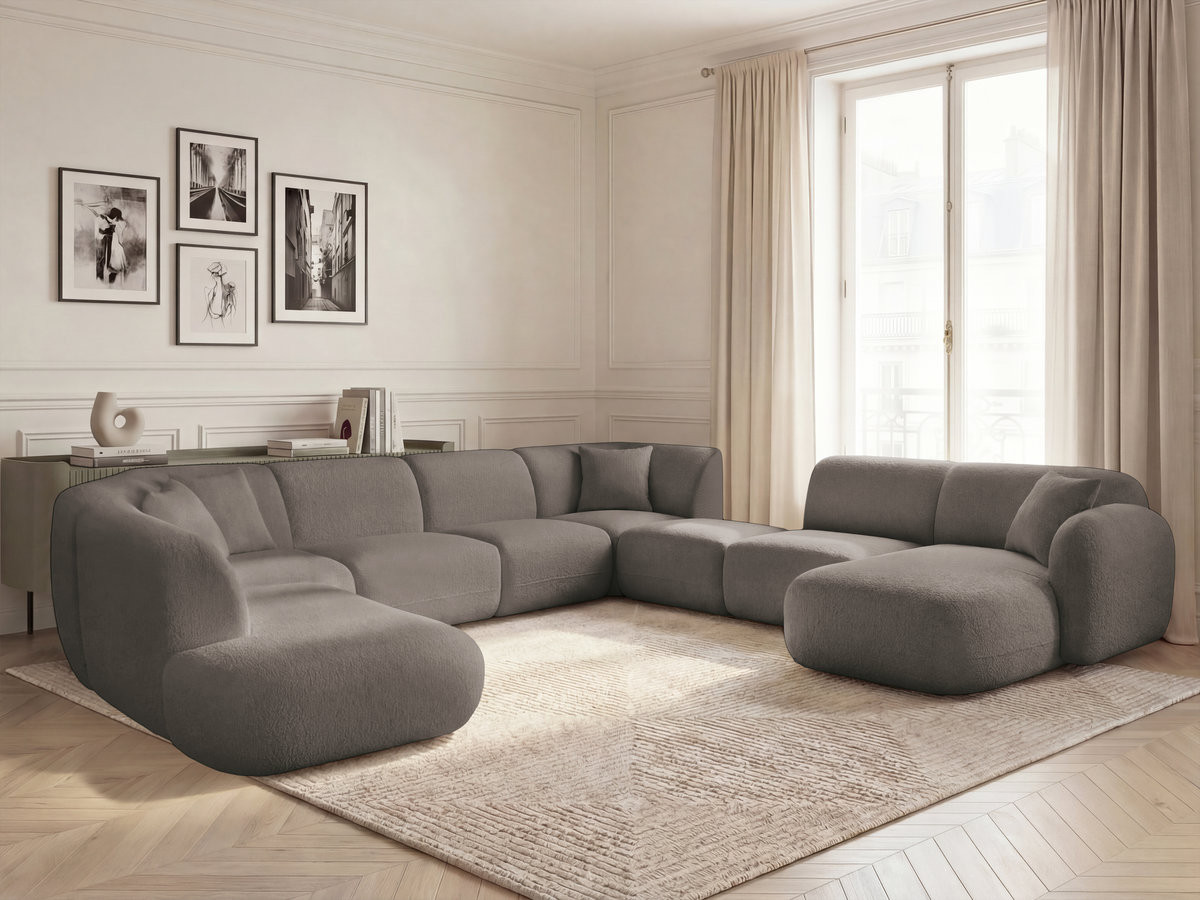 Canapé panoramique fixe modulable ANDA avec 3 chauffeuses, 1 méridienne, 2 angles et 1 pouf taupe  angle droit BOBOCHIC 10 places