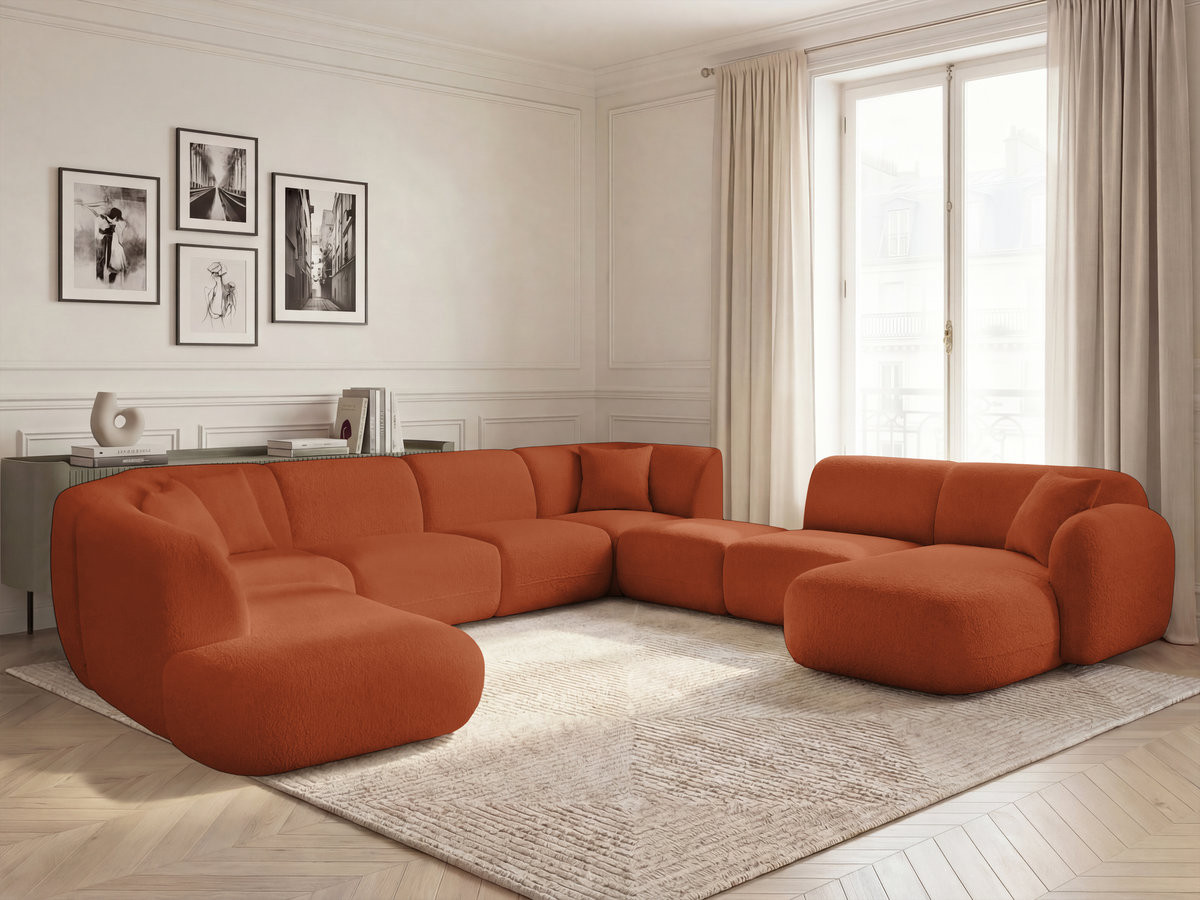 Canapé panoramique fixe modulable ANDA avec 3 chauffeuses, 1 méridienne, 2 angles et 1 pouf orange  angle droit BOBOCHIC 10 places