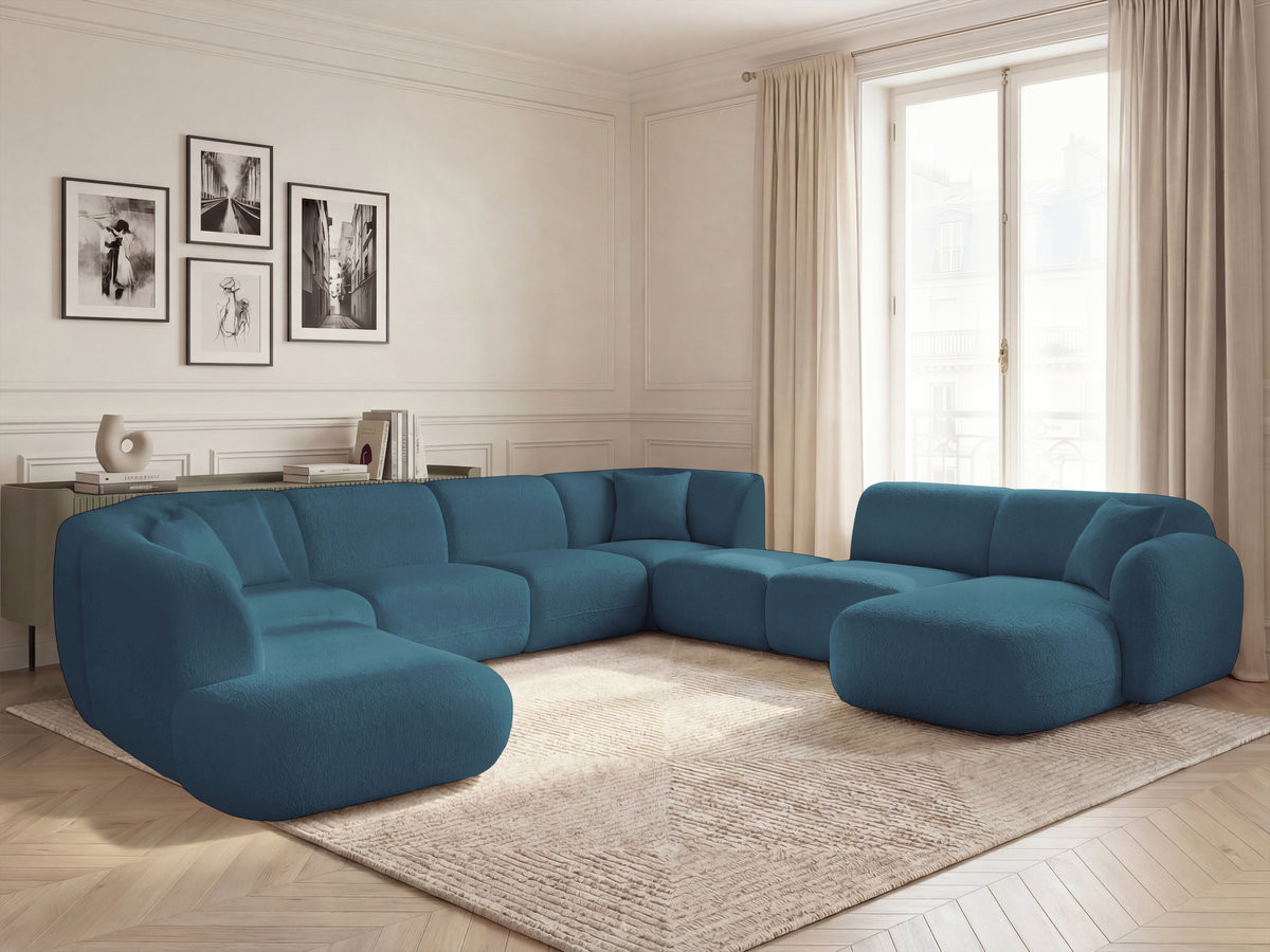 Canapé panoramique fixe modulable ANDA avec 3 chauffeuses, 1 méridienne, 2 angles et 1 pouf bleu clair  angle droit BOBOCHIC 10 places