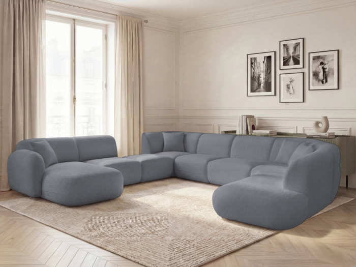 Canapé panoramique fixe modulable ANDA avec 3 chauffeuses, 1 méridienne, 2 angles et 1 pouf