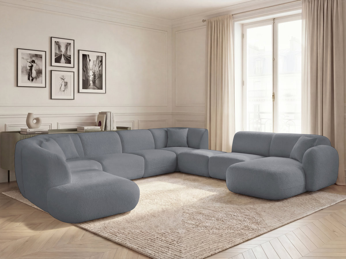 Canapé panoramique fixe modulable ANDA avec 3 chauffeuses, 1 méridienne, 2 angles et 1 pouf