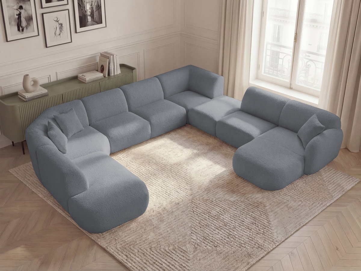 Canapé panoramique fixe modulable ANDA avec 3 chauffeuses, 1 méridienne, 2 angles et 1 pouf
