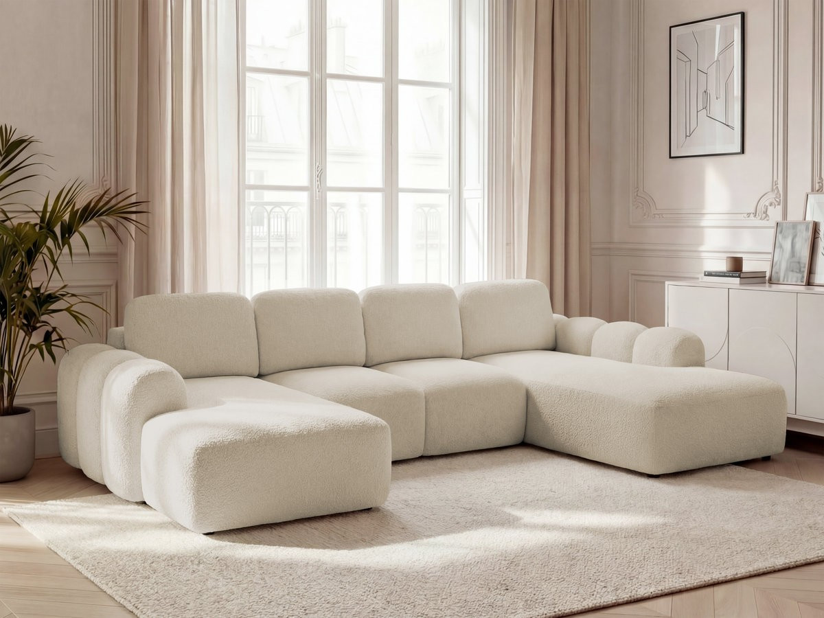 Canapé panoramique convertible coffre MONTAIGNE tissu bouclette