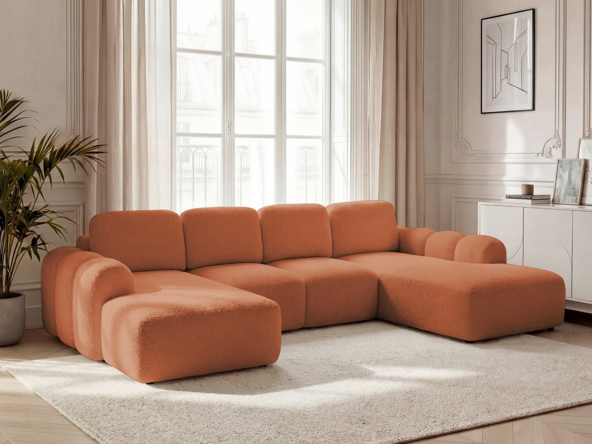 Canapé panoramique convertible coffre MONTAIGNE tissu bouclette