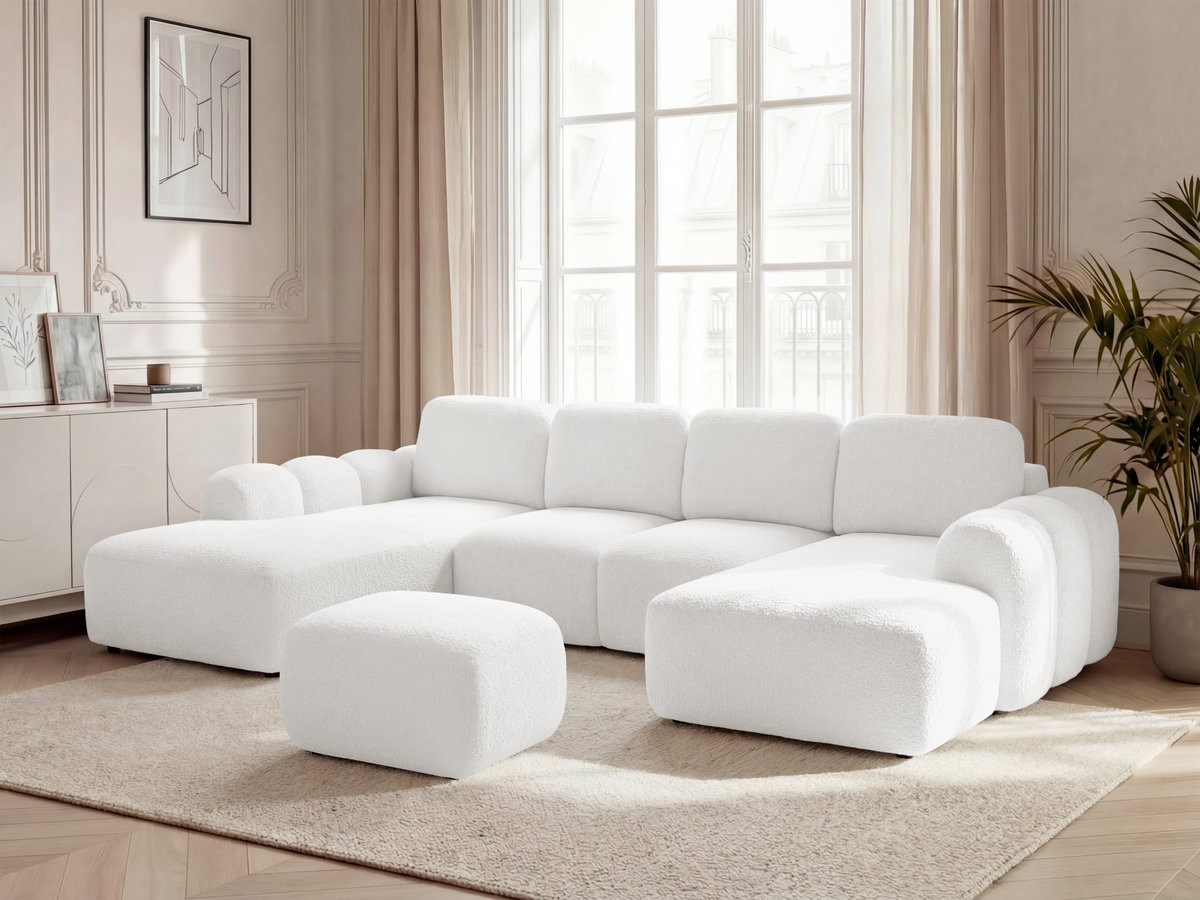Canapé panoramique convertible coffre MONTAIGNE bouclette avec pouf blanc
