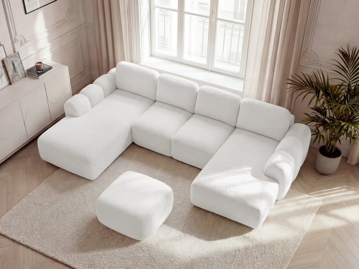 Canapé panoramique convertible coffre MONTAIGNE bouclette avec pouf blanc — vue 5