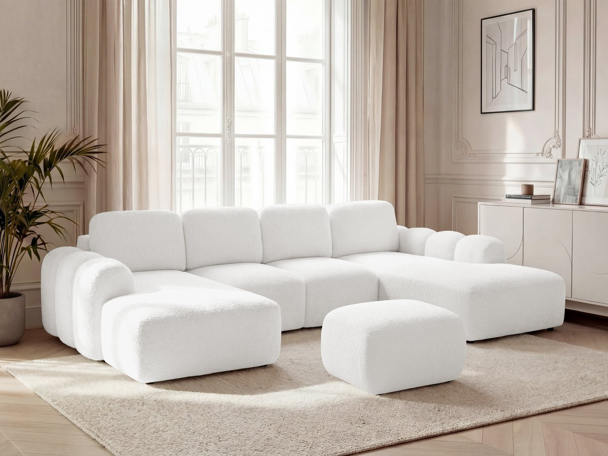 Canapé panoramique convertible coffre MONTAIGNE tissu bouclette avec pouf