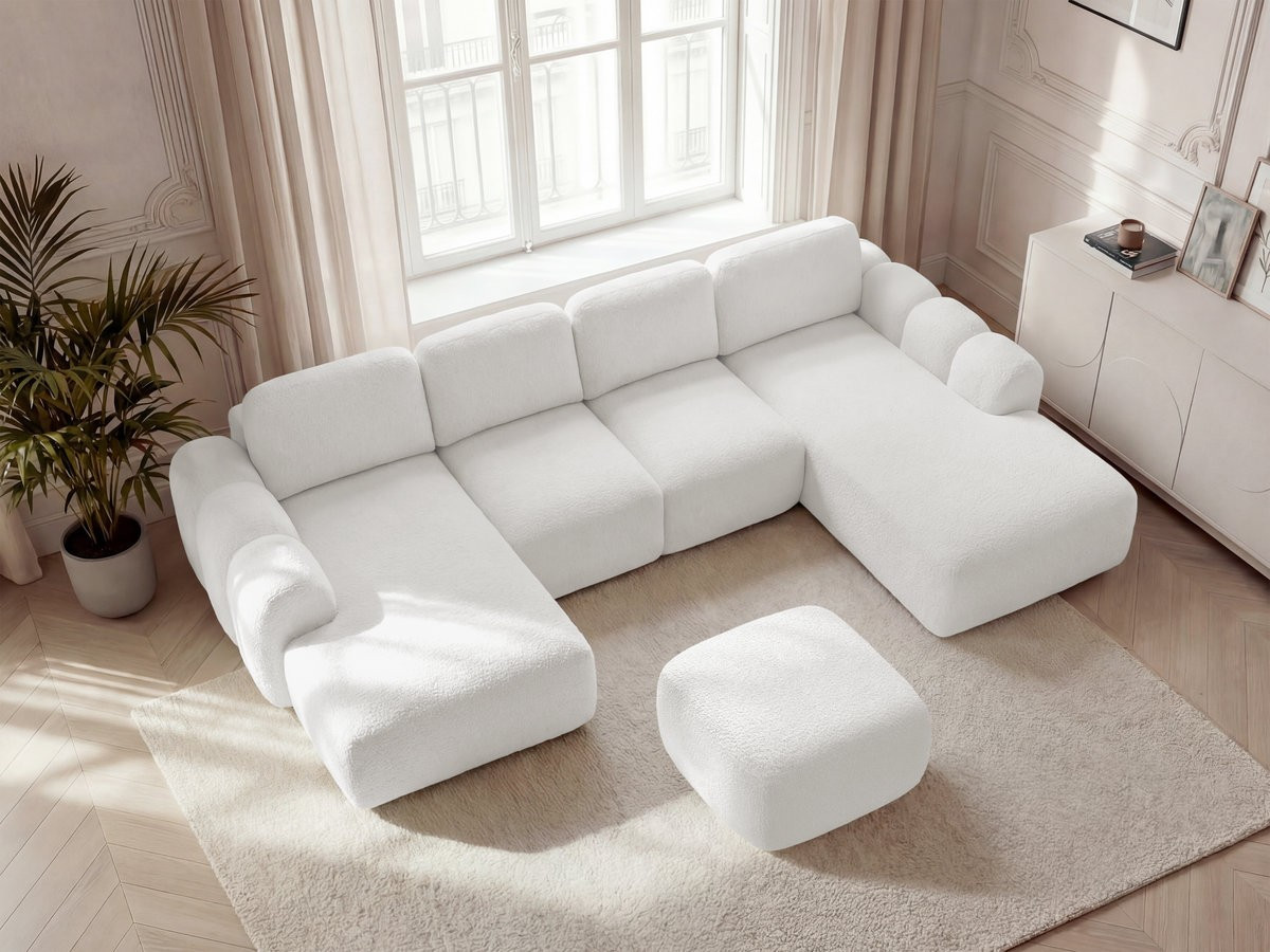 Canapé panoramique convertible coffre MONTAIGNE tissu bouclette avec pouf