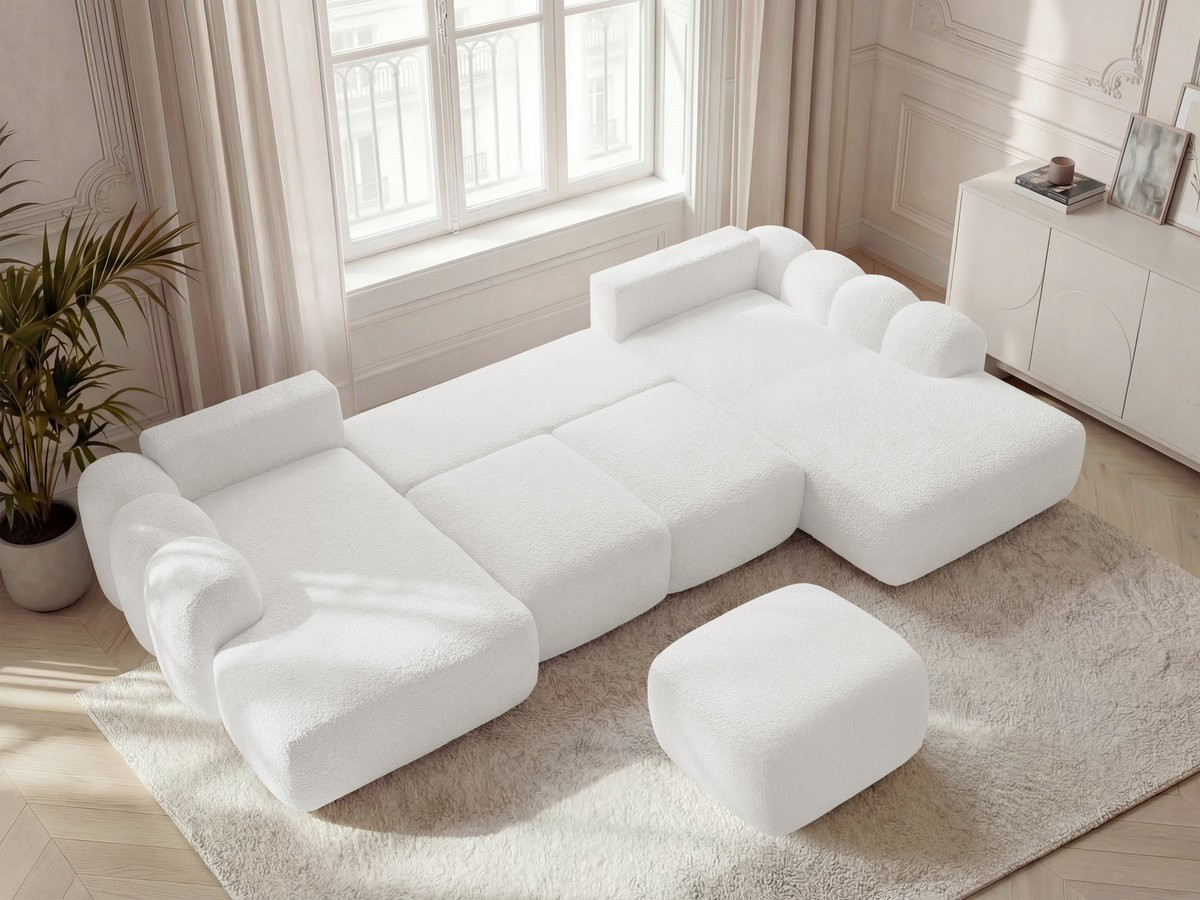 Canapé panoramique convertible coffre MONTAIGNE tissu bouclette avec pouf