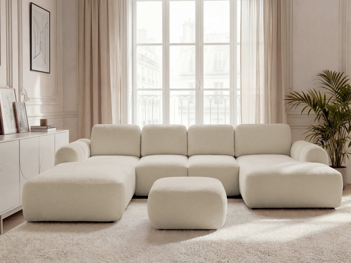 Canapé panoramique convertible coffre MONTAIGNE bouclette avec pouf beige — vue 5