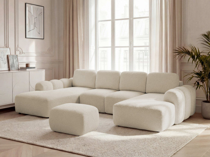 Canapé panoramique convertible coffre MONTAIGNE tissu bouclette avec pouf