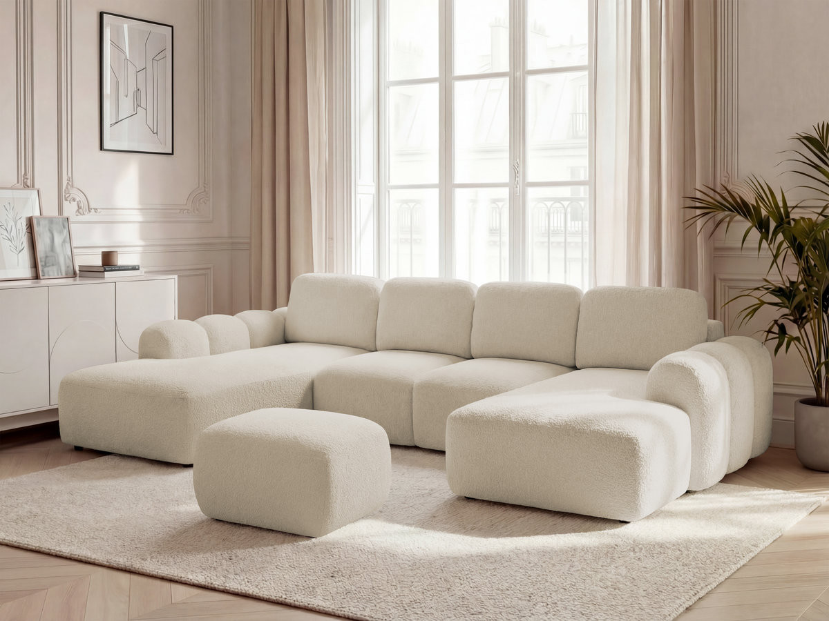 Canapé panoramique convertible MONTAIGNE tissu bouclette avec pouf