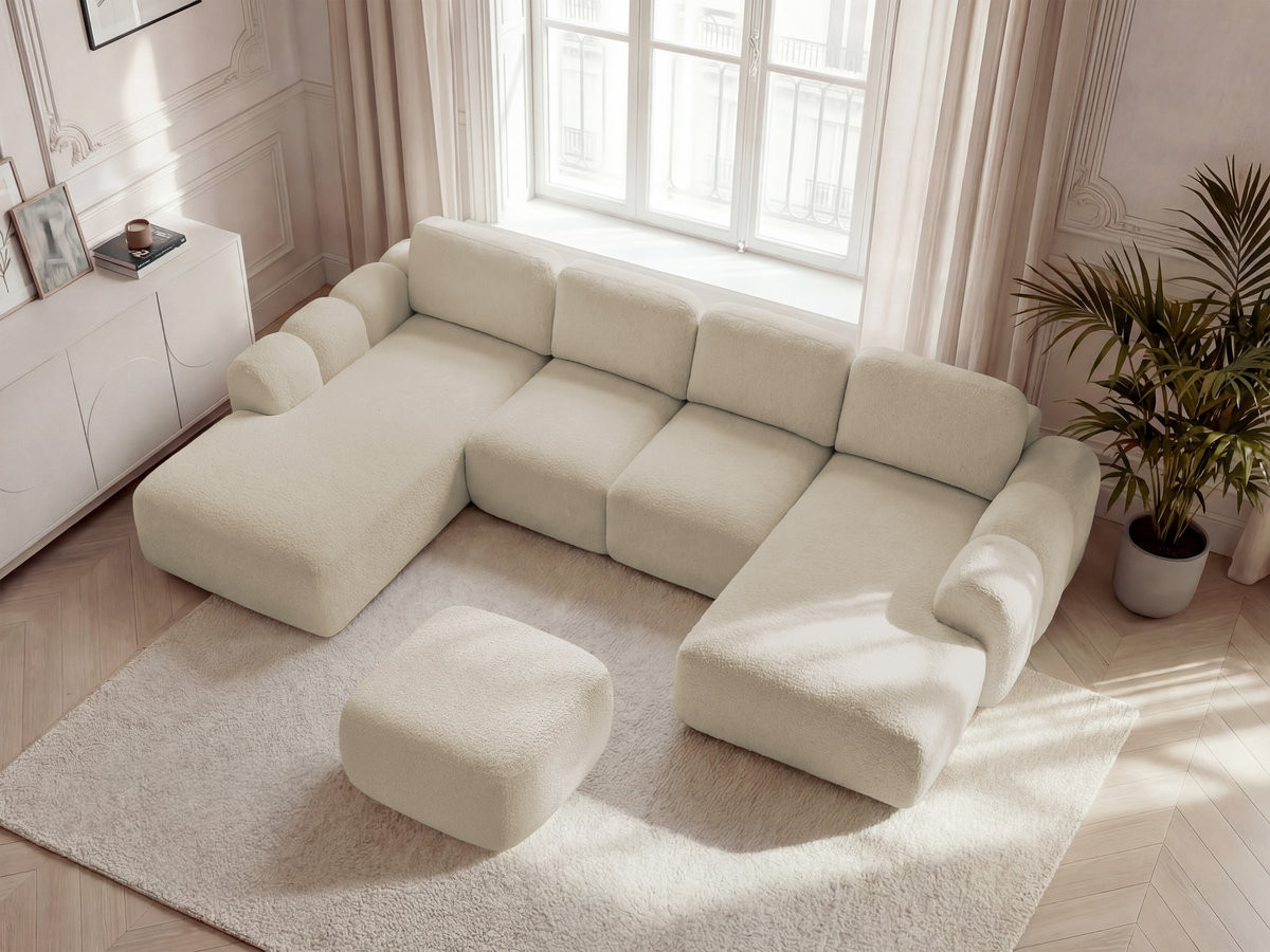 Canapé panoramique convertible coffre MONTAIGNE tissu bouclette avec pouf