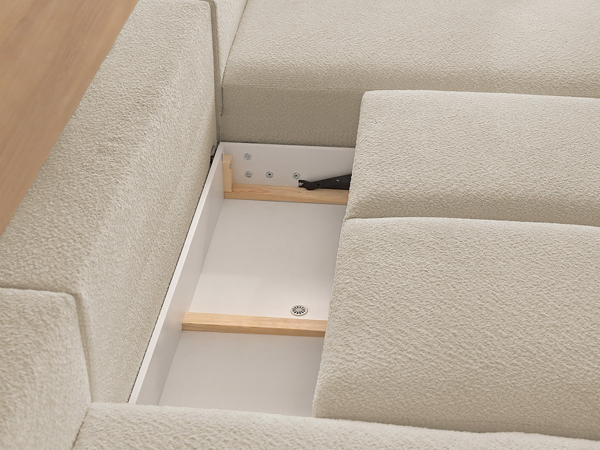 Canapé panoramique convertible coffre MONTAIGNE tissu bouclette avec pouf