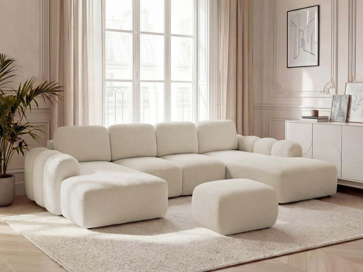 Canapé panoramique convertible coffre MONTAIGNE tissu bouclette avec pouf beige  angle gauche BOBOCHIC 5 places