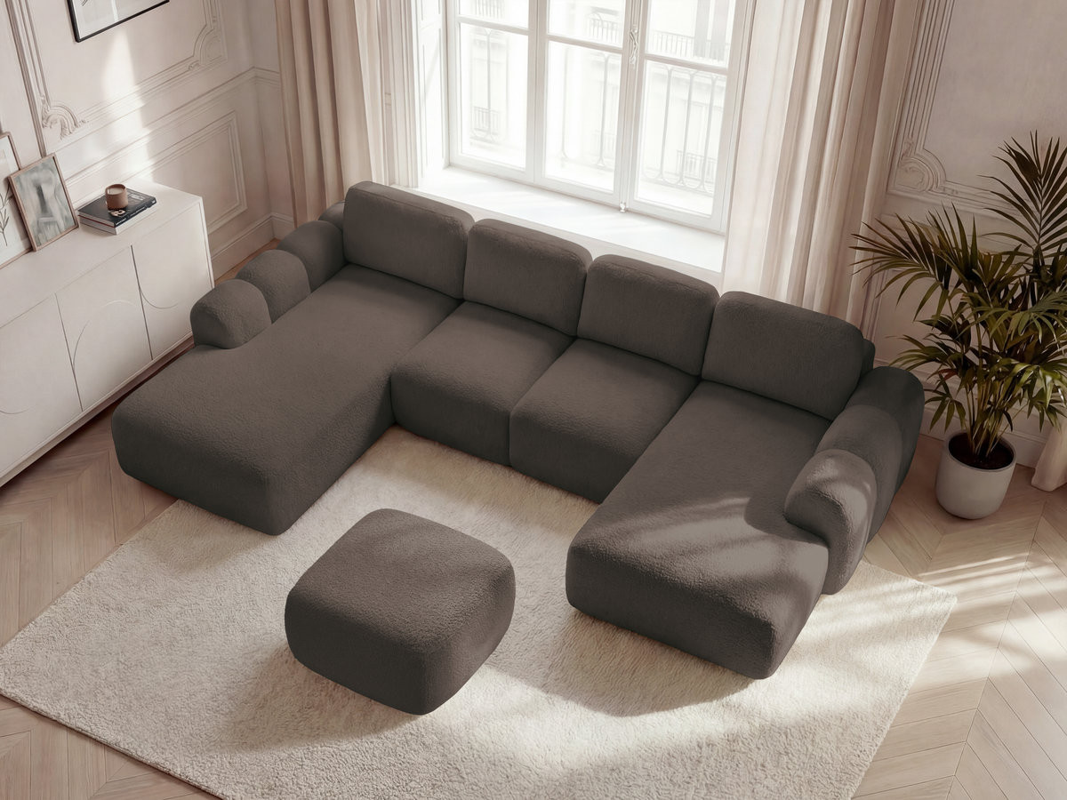 Canapé panoramique convertible coffre MONTAIGNE bouclette avec pouf marron — vue 6