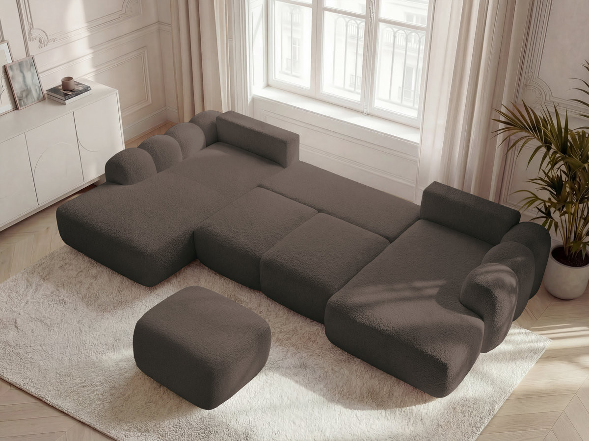 Canapé panoramique convertible coffre MONTAIGNE tissu bouclette avec pouf