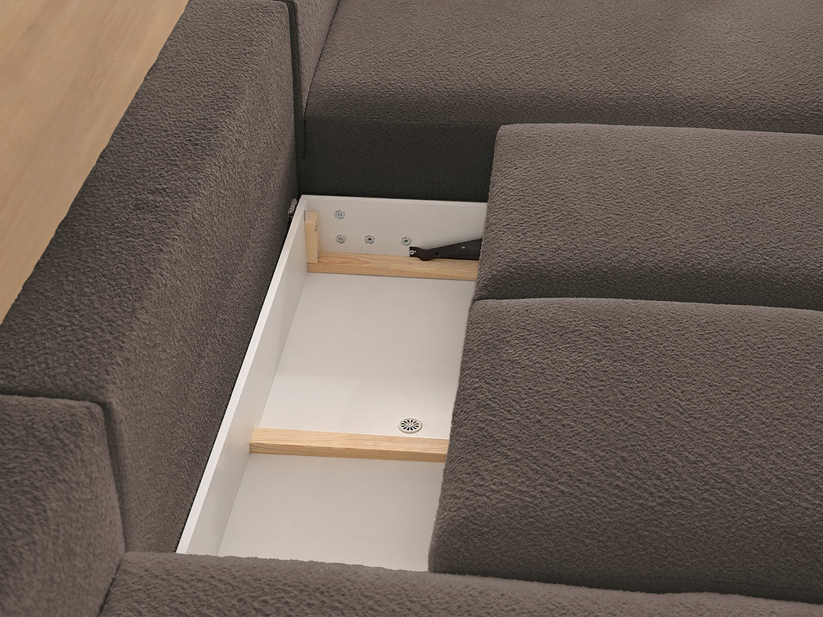 Canapé panoramique convertible coffre MONTAIGNE tissu bouclette avec pouf