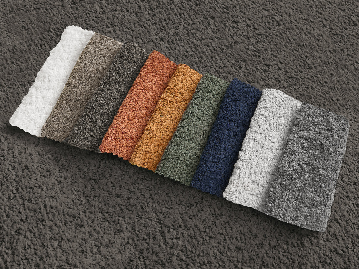 Canapé panoramique convertible coffre MONTAIGNE tissu bouclette avec pouf