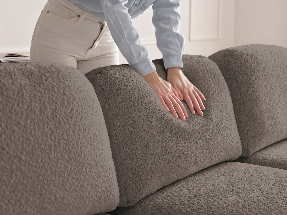 Canapé panoramique convertible coffre MONTAIGNE tissu bouclette avec pouf