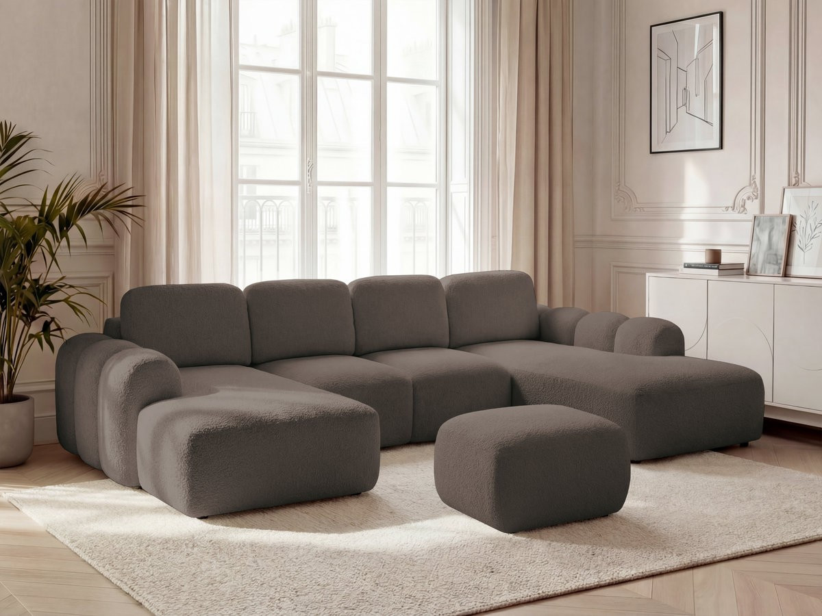 Canapé panoramique convertible coffre MONTAIGNE tissu bouclette avec pouf marron angle gauche BOBOCHIC 5 places