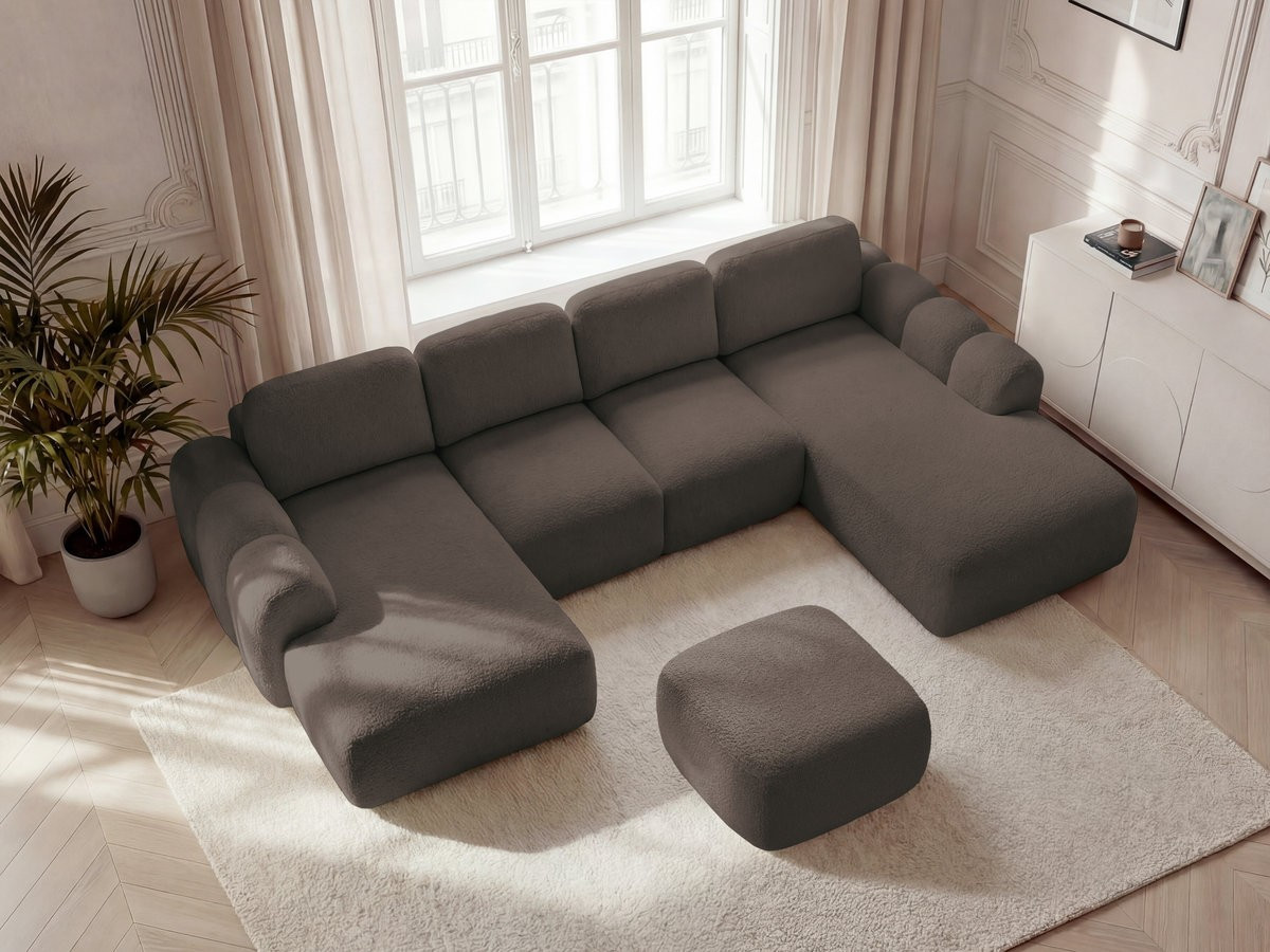 Canapé panoramique convertible coffre MONTAIGNE tissu bouclette avec pouf