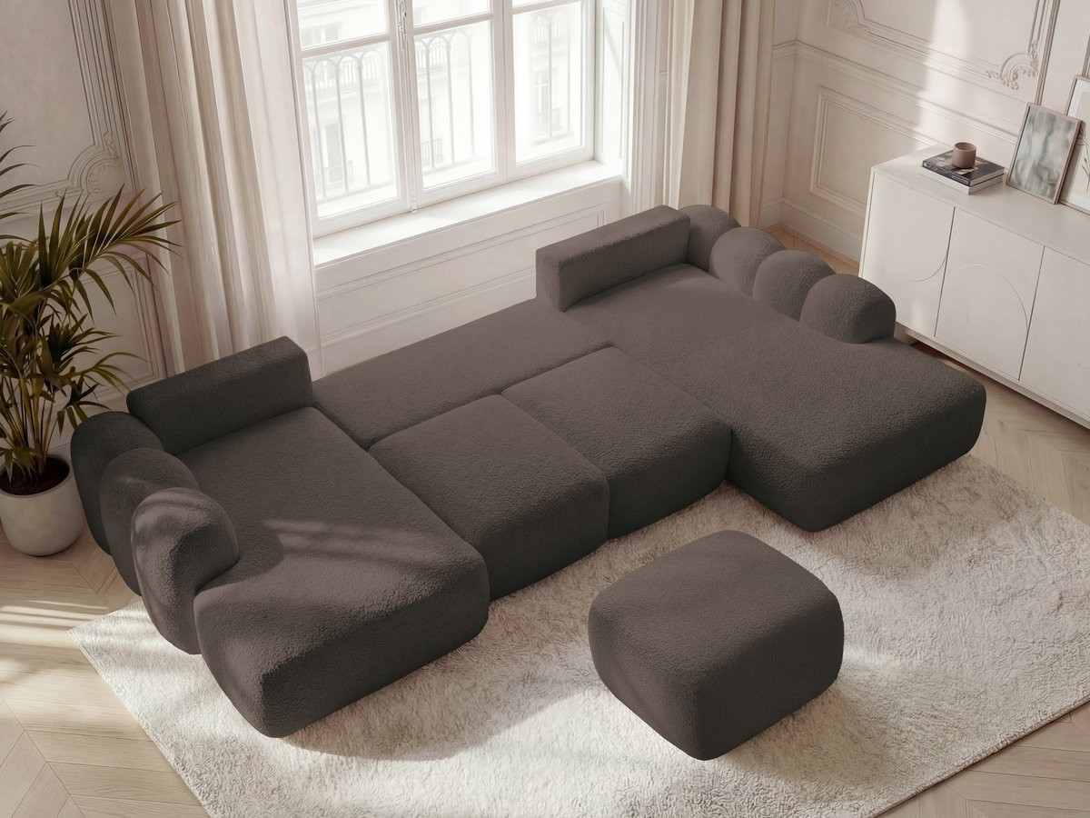 Canapé panoramique convertible coffre MONTAIGNE tissu bouclette avec pouf