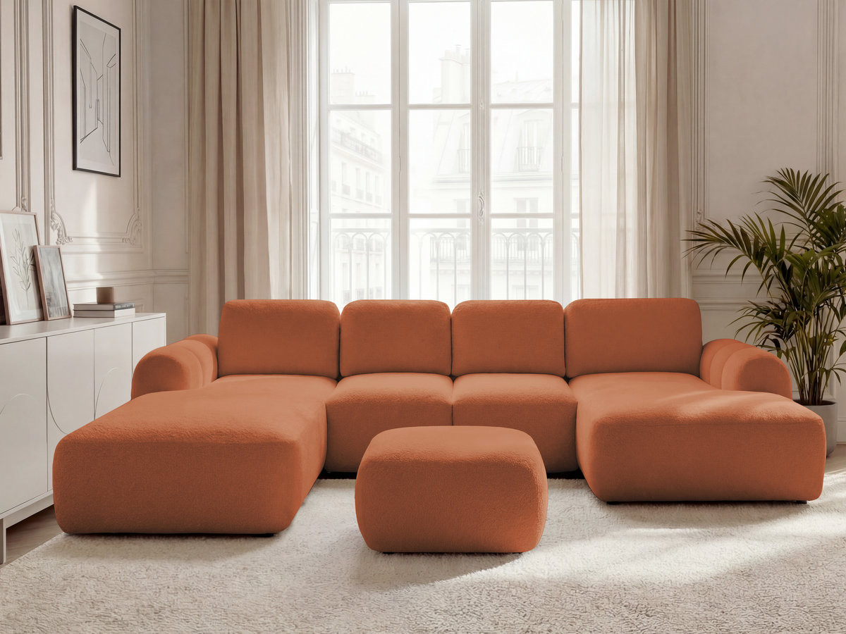 Canapé panoramique convertible coffre MONTAIGNE bouclette avec pouf orange — vue 5