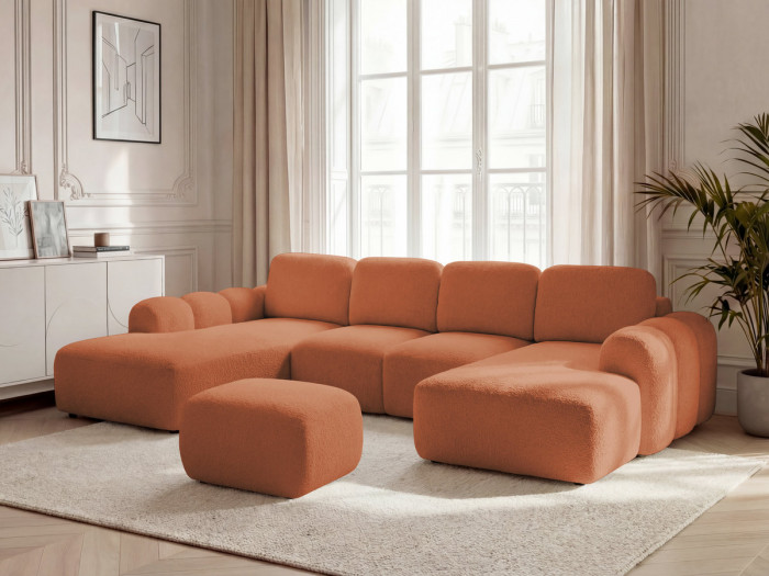 Canapé panoramique convertible MONTAIGNE tissu bouclette avec pouf