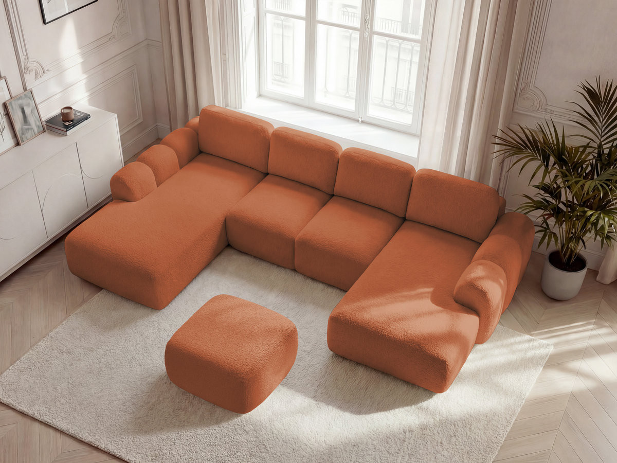 Canapé panoramique convertible coffre MONTAIGNE bouclette avec pouf orange — vue 6