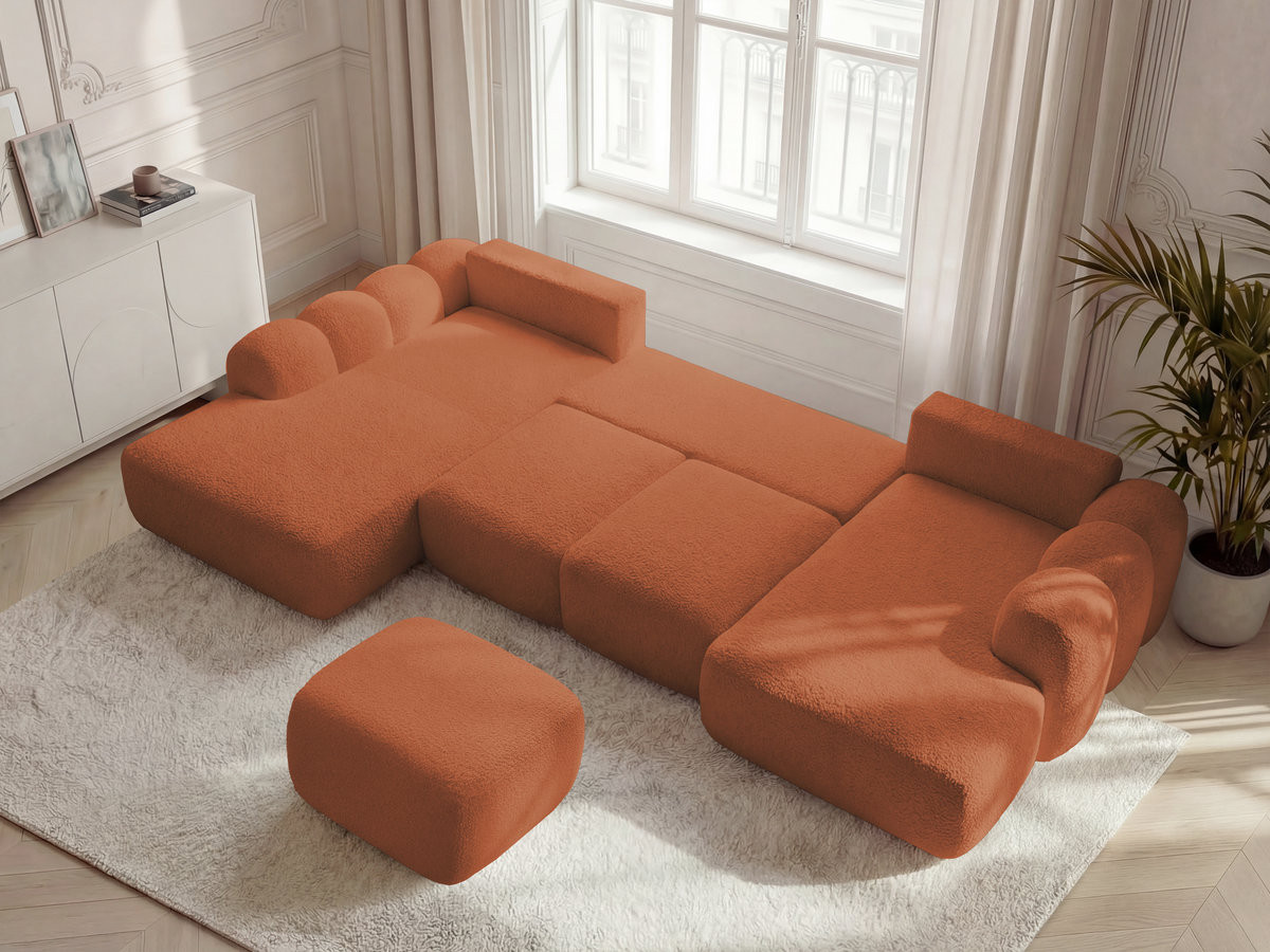 Canapé panoramique convertible coffre MONTAIGNE tissu bouclette avec pouf