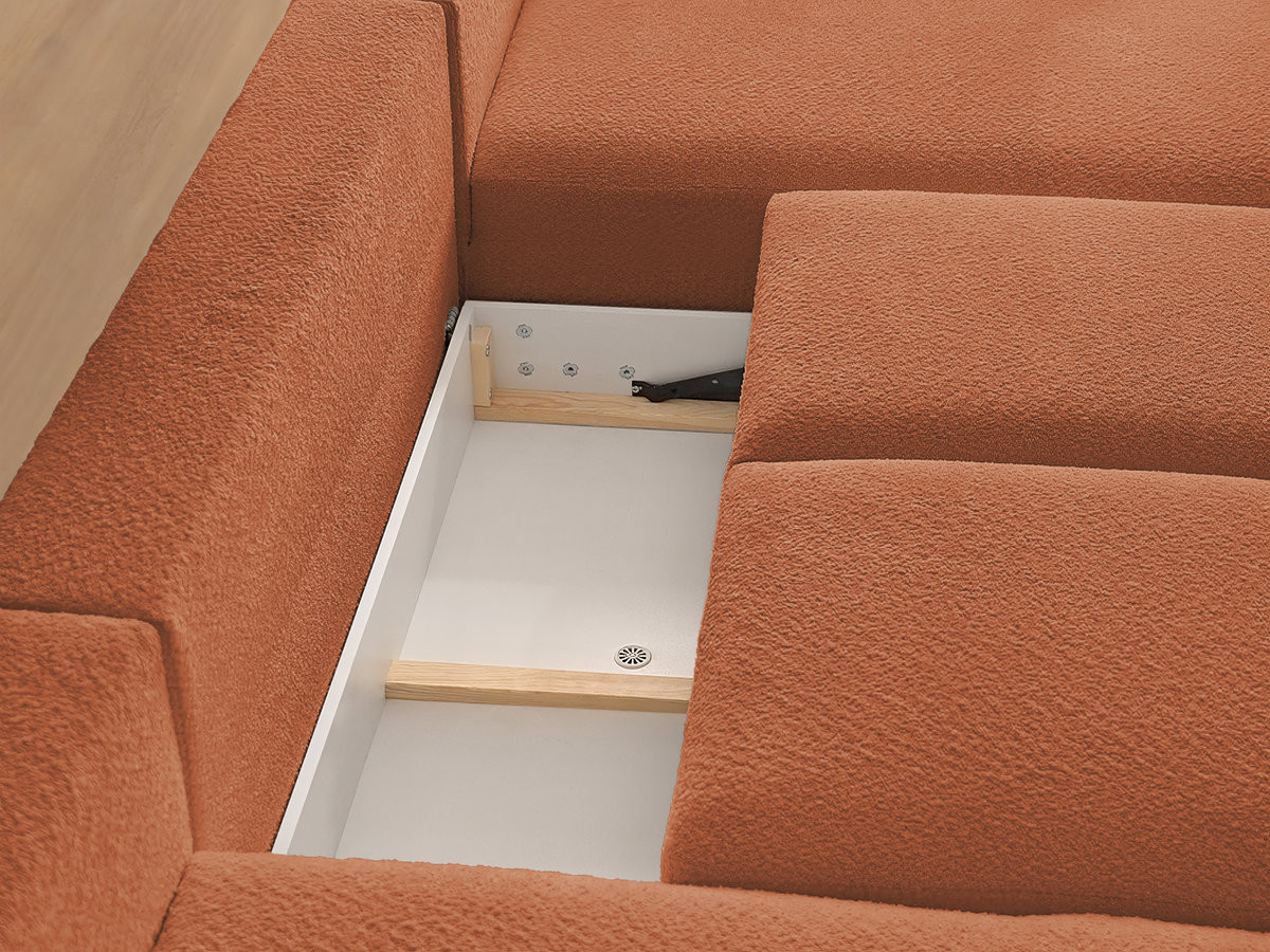 Canapé panoramique convertible coffre MONTAIGNE tissu bouclette avec pouf