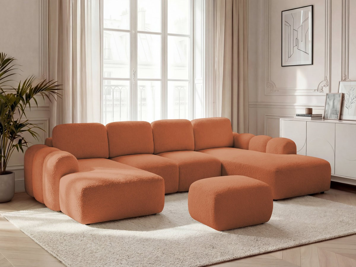 Canapé panoramique convertible coffre MONTAIGNE tissu bouclette avec pouf orange angle gauche BOBOCHIC 5 places