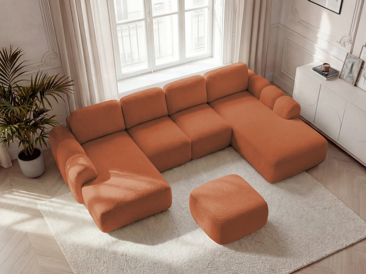 Canapé panoramique convertible coffre MONTAIGNE tissu bouclette avec pouf