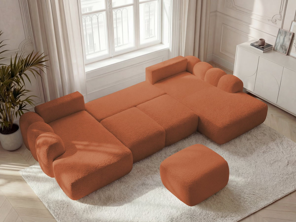 Canapé panoramique convertible coffre MONTAIGNE tissu bouclette avec pouf