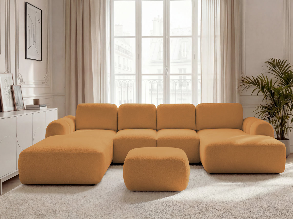 Canapé panoramique convertible coffre MONTAIGNE bouclette avec pouf jaune — vue 5