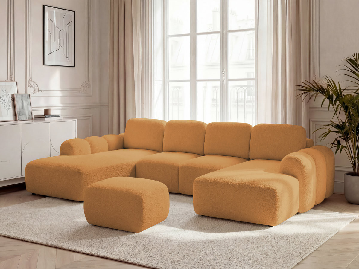 Canapé panoramique convertible coffre MONTAIGNE bouclette avec pouf jaune