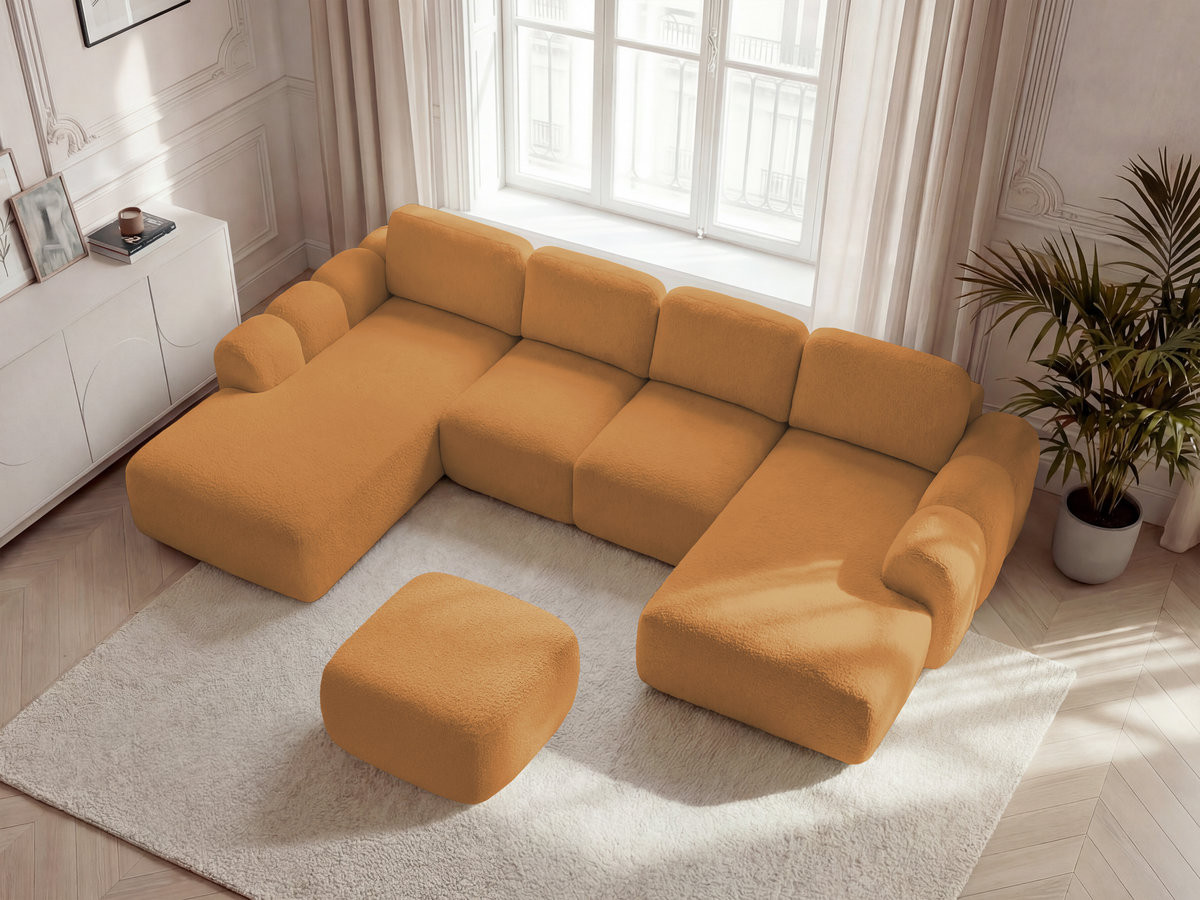 Canapé panoramique convertible coffre MONTAIGNE bouclette avec pouf jaune — vue 6