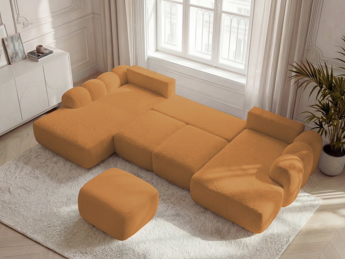 Canapé panoramique convertible coffre MONTAIGNE tissu bouclette avec pouf