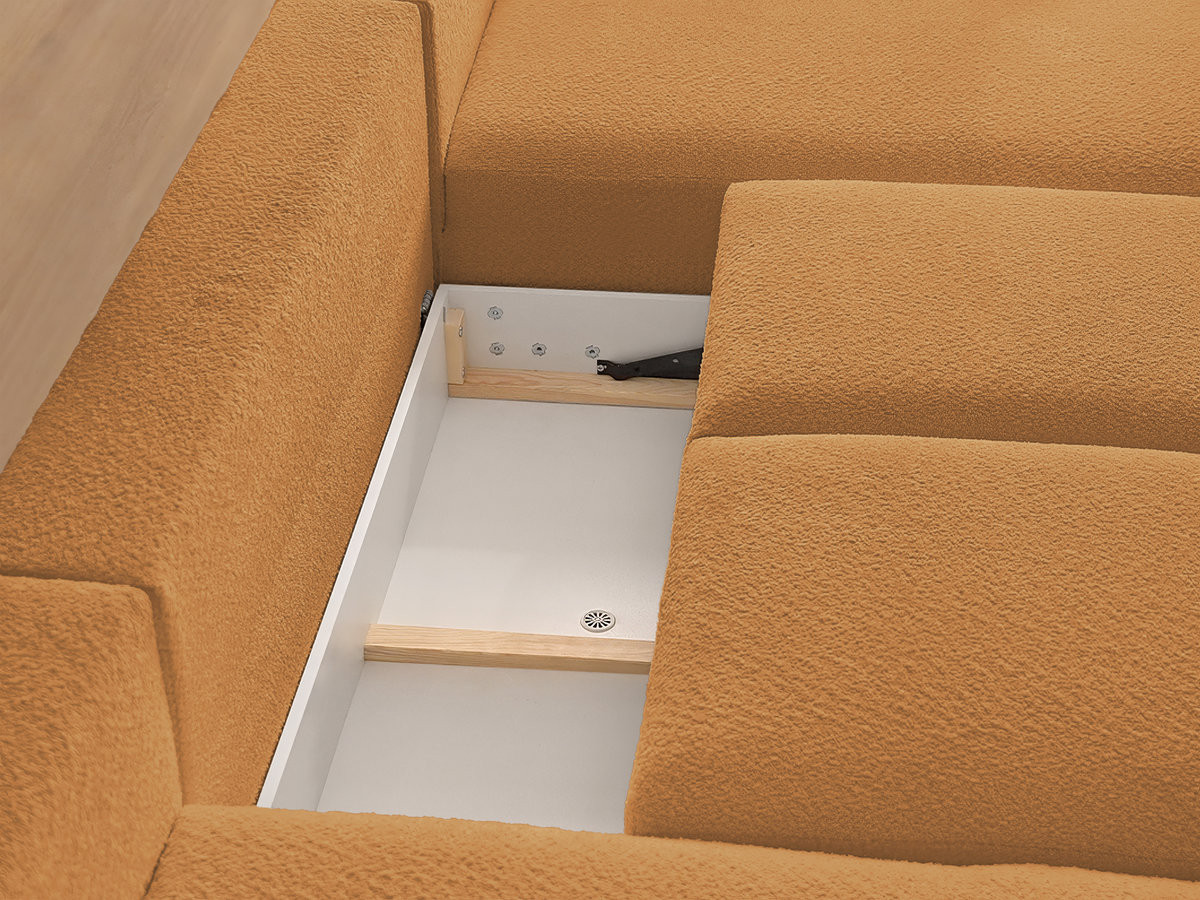 Canapé panoramique convertible coffre MONTAIGNE tissu bouclette avec pouf